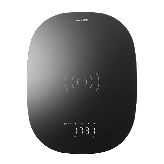 ZWILLING Enfinigy Kitchen Scale in black with wireless charging feature and sleek digital design.