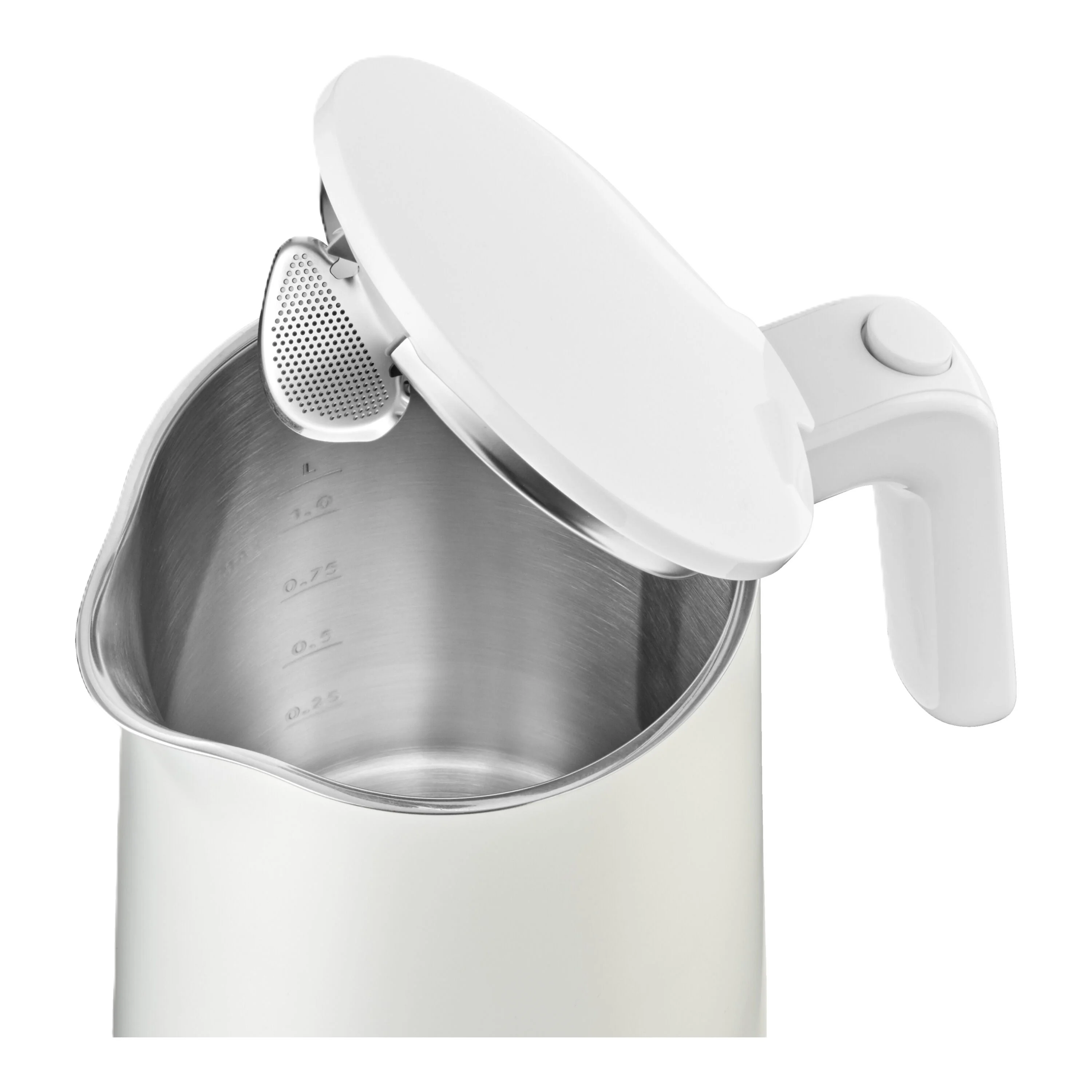 White and silver kitchen appliance with a lid on a white background