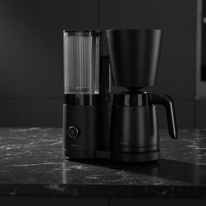 ZWILLING ENFINIGY Thermal Carafe Coffee Maker in black, SCA certified, showcasing sleek design and brewing capability.
