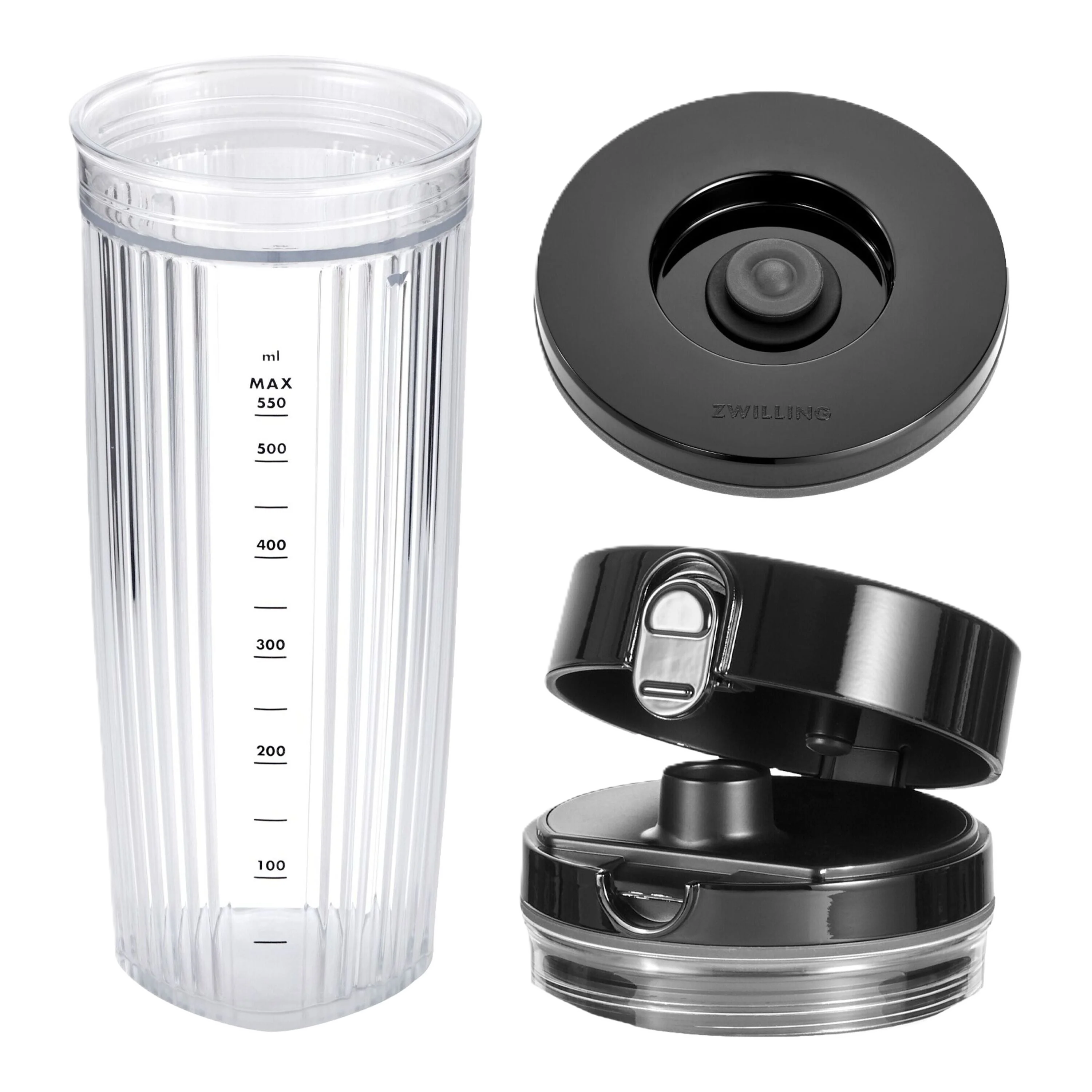 Blender jar with black lid and base on a white background