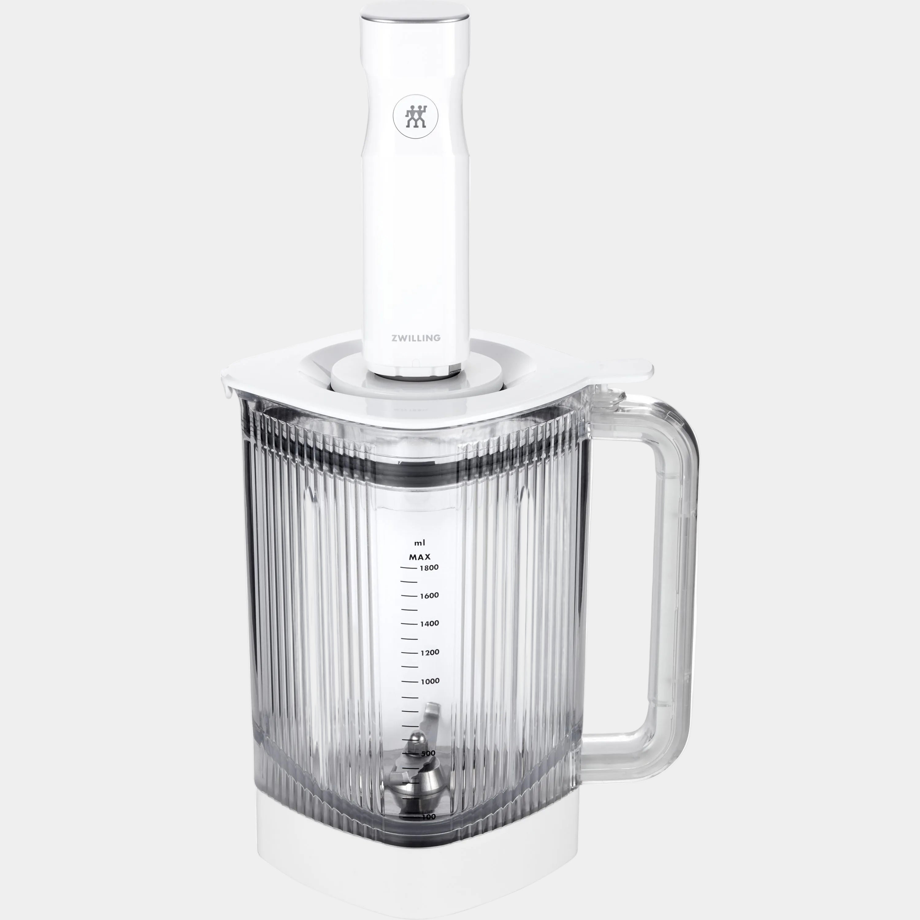 ZWILLING Enfinigy Blender Jar 1.8L with vacuum lid and Tritan material shown in a clear view.