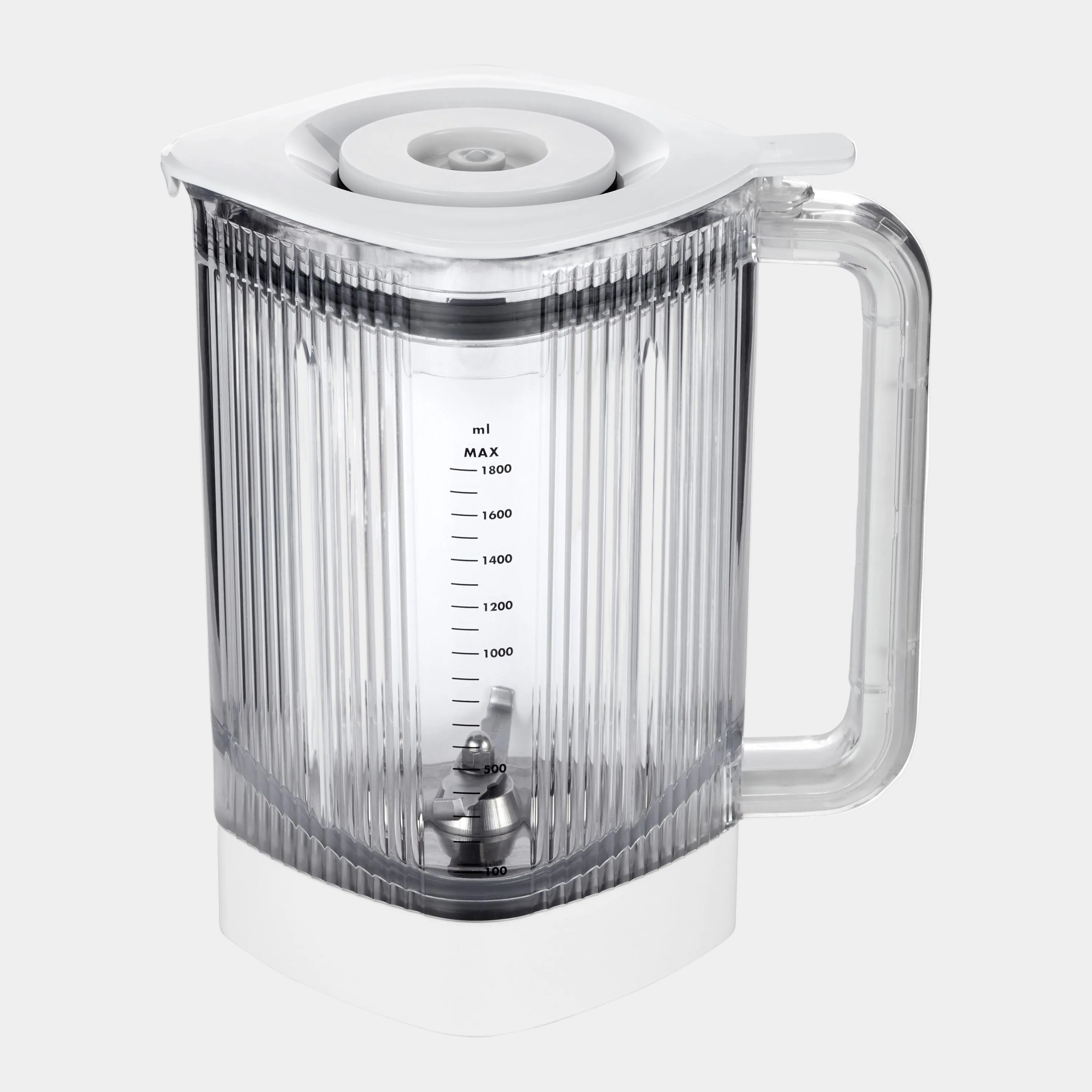 Clear plastic pitcher with white lid on a white background
