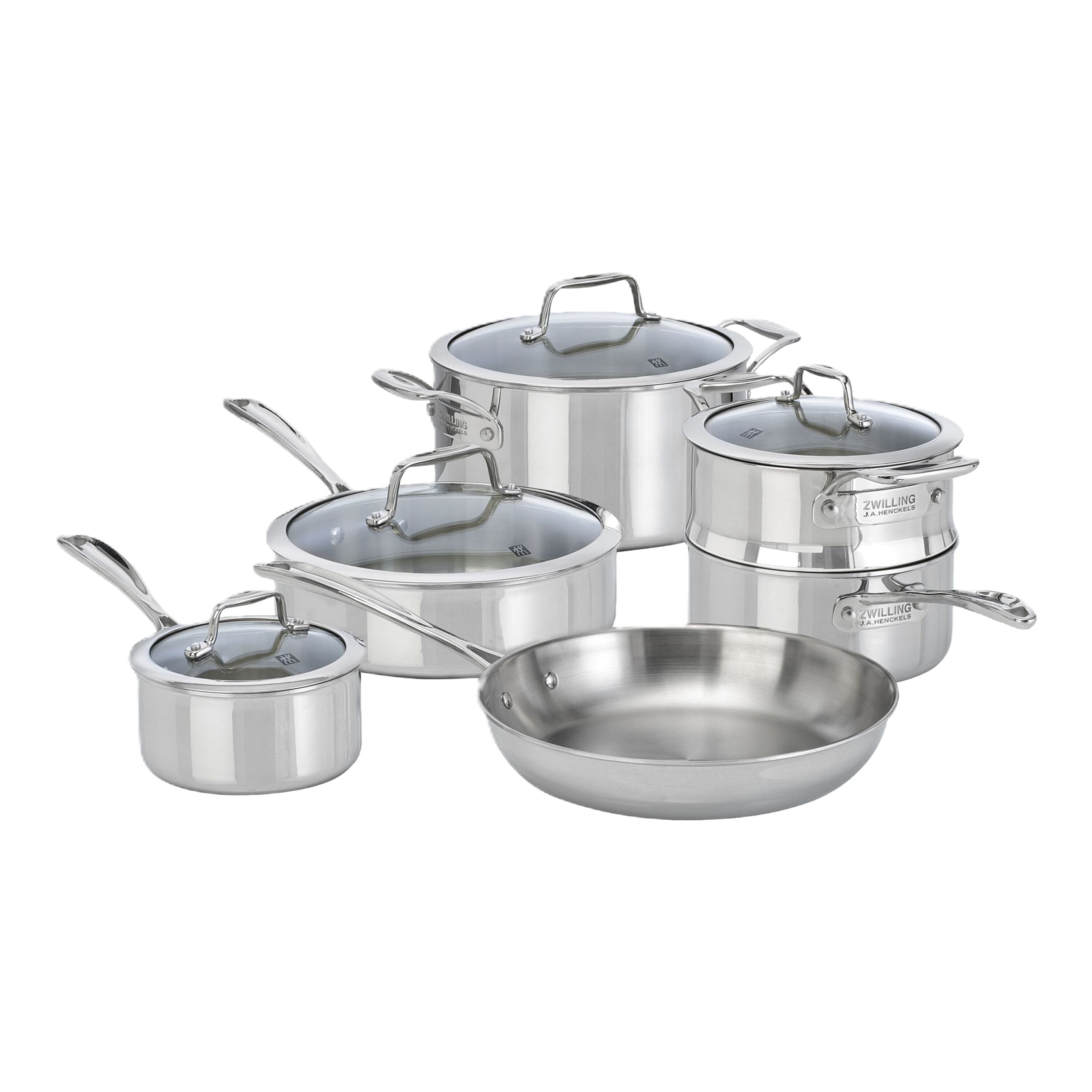 Set of stainless steel cookware with lids on a white background