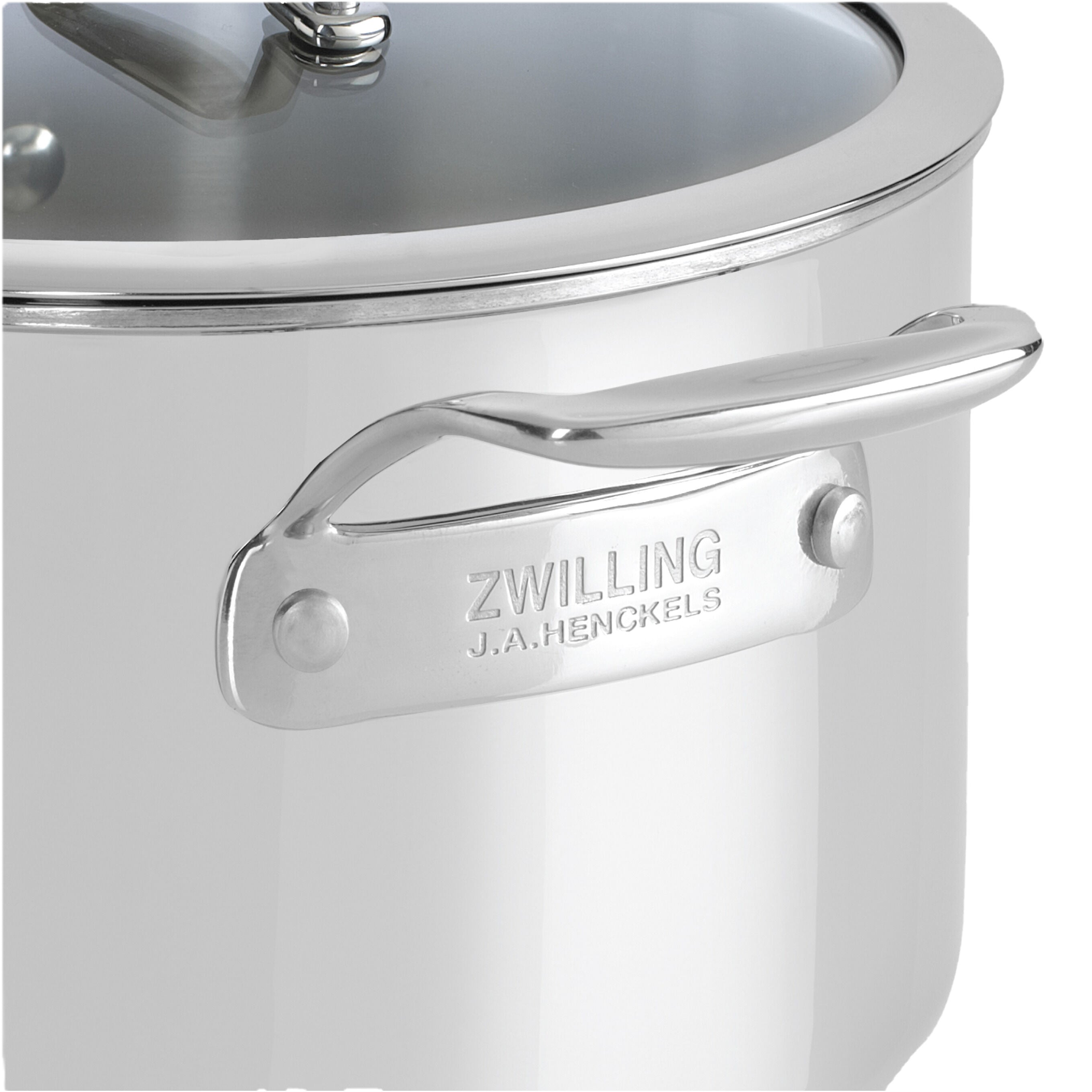 Close-up of a silver pot handle with 'Zwilling J.A. Henckels' branding on a white background