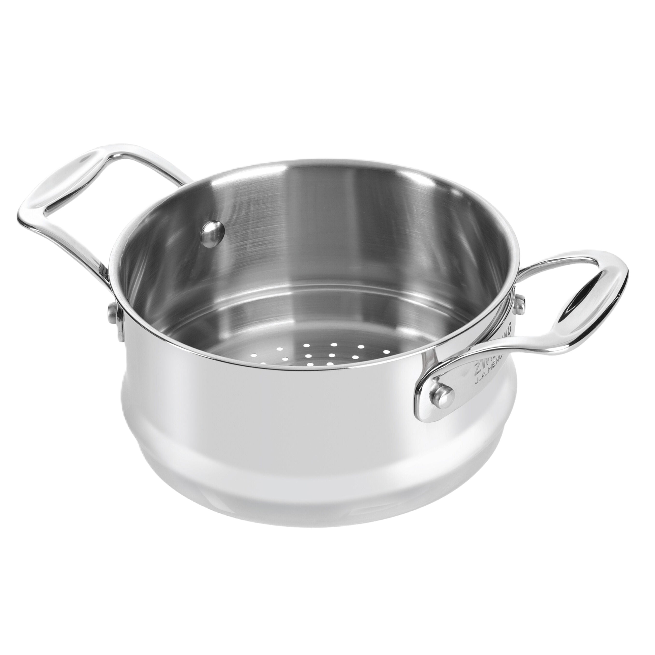 Stainless steel pot with two handles on a white background