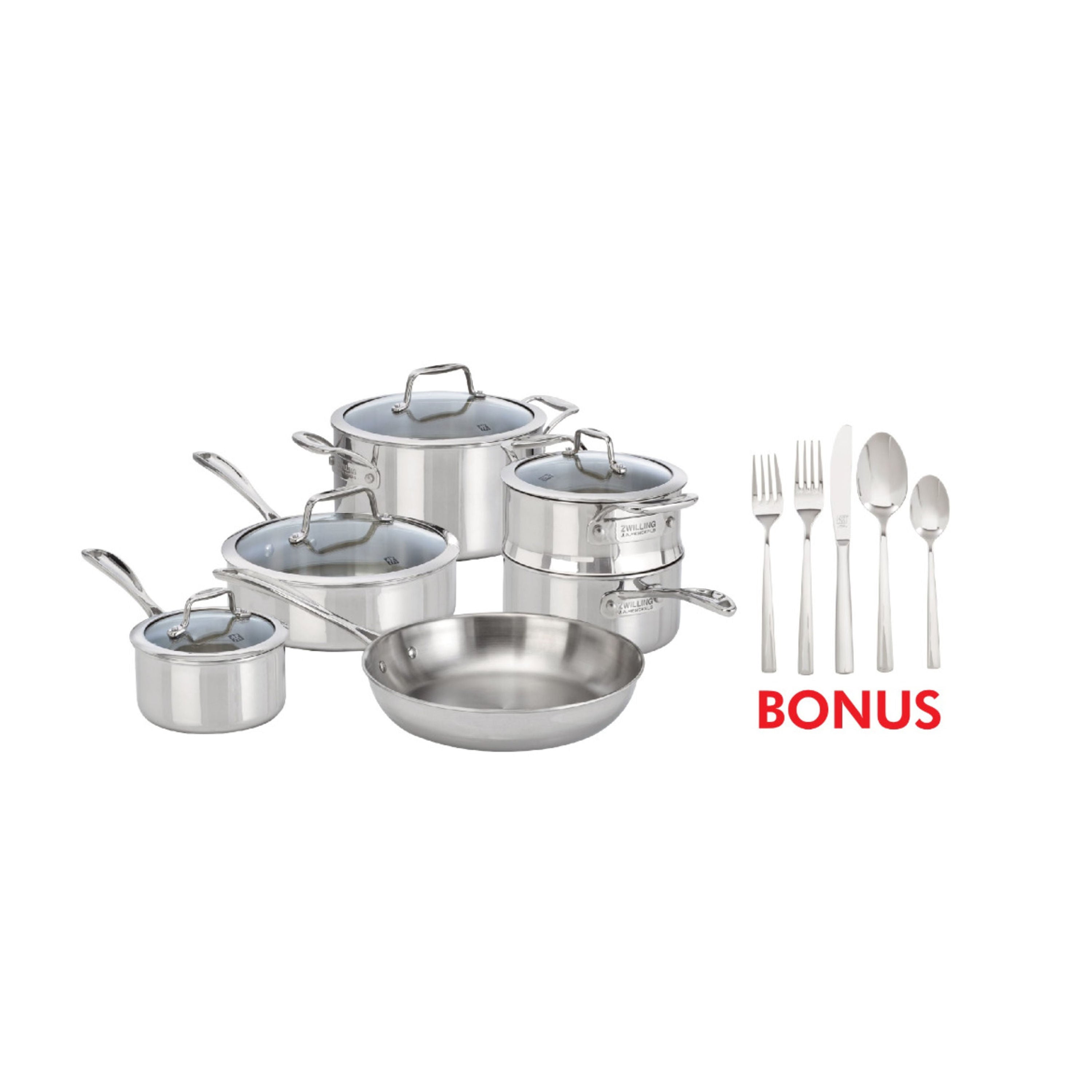 ZWILLING Vista Clad 10 Piece 18/10 Stainless Steel Cookware Set With Bonus 20 Piece Flatware Set