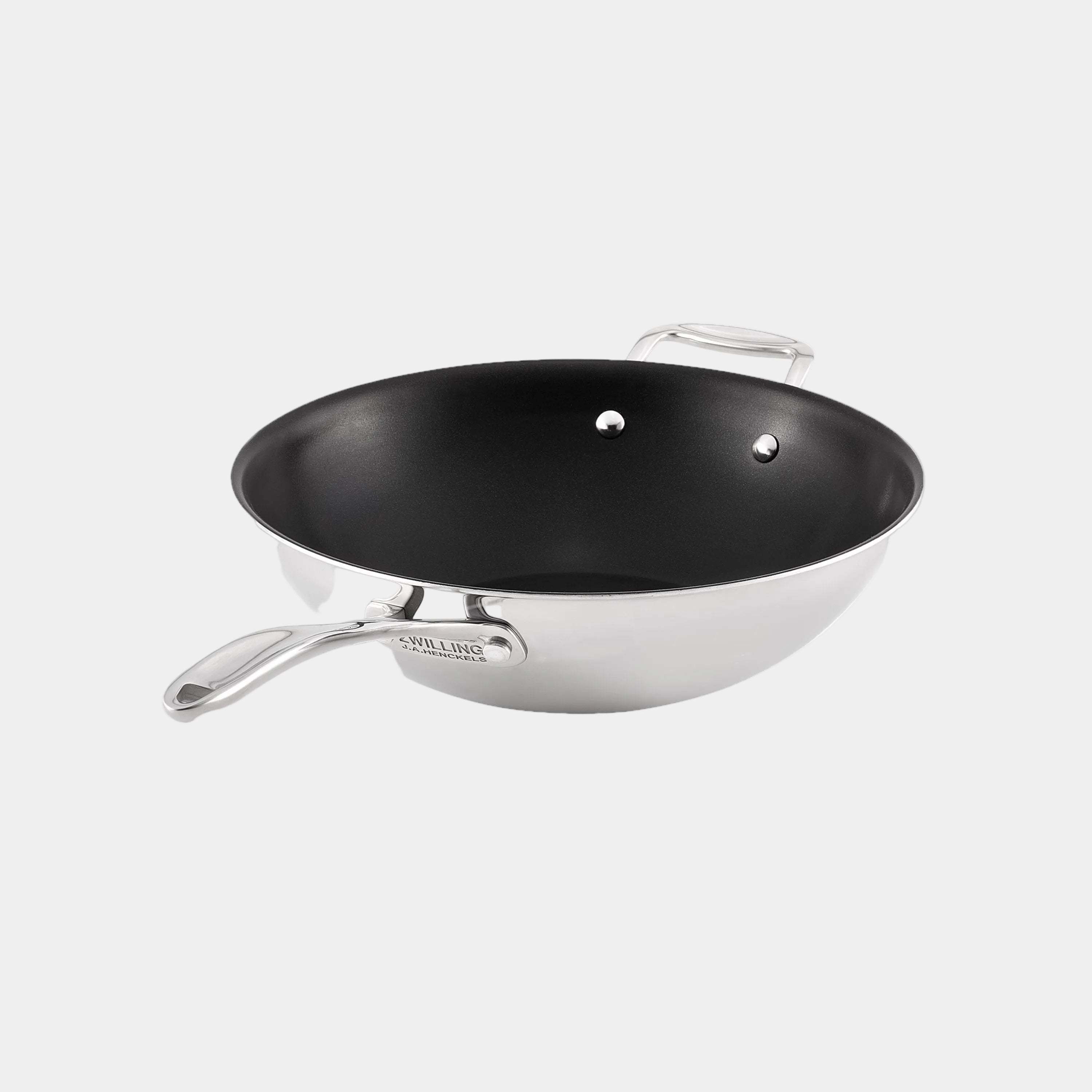 ZWILLING Vista Clad Wok 30 cm stainless steel with tri-ply construction shown from side angle.
