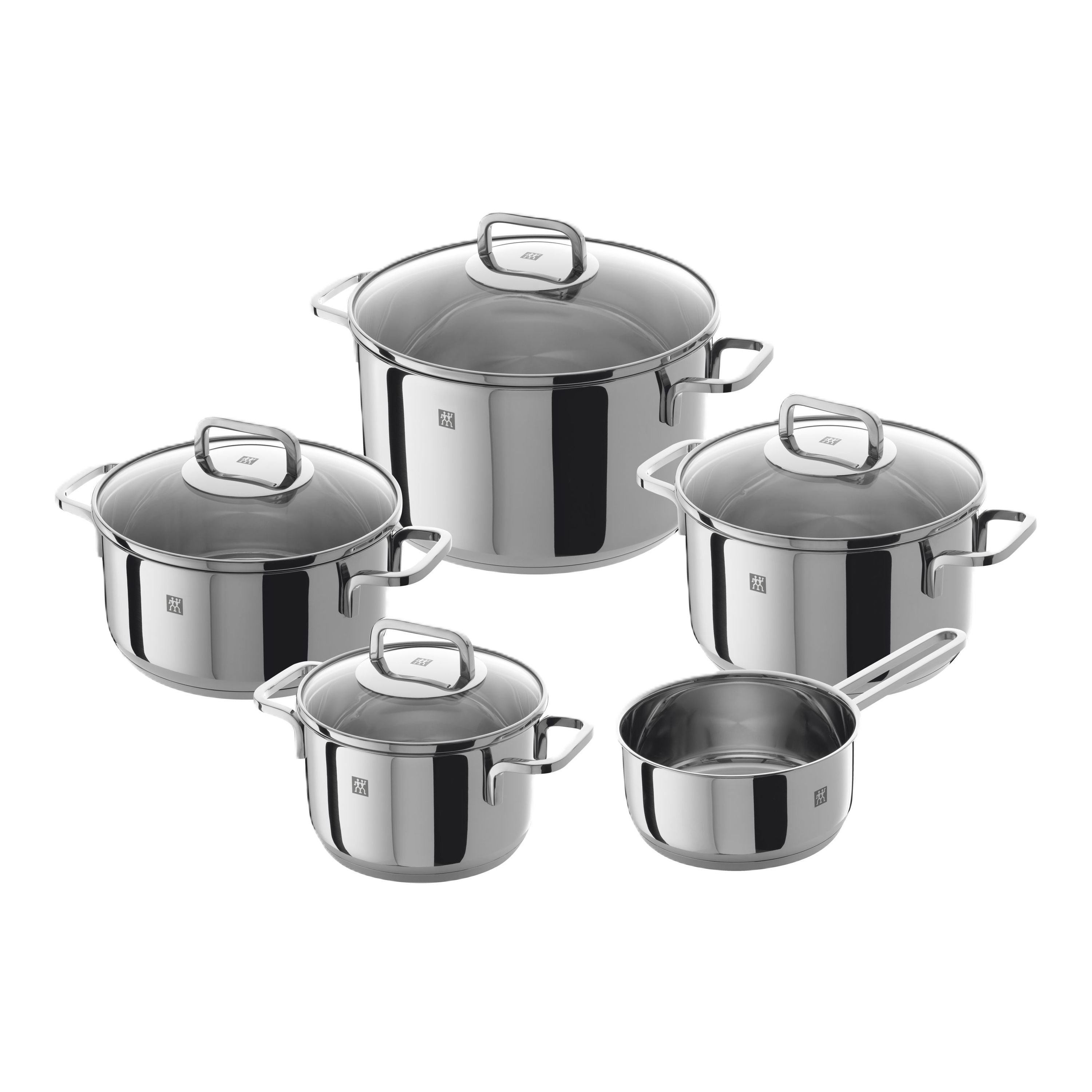 Set of stainless steel cookware with lids on a white background