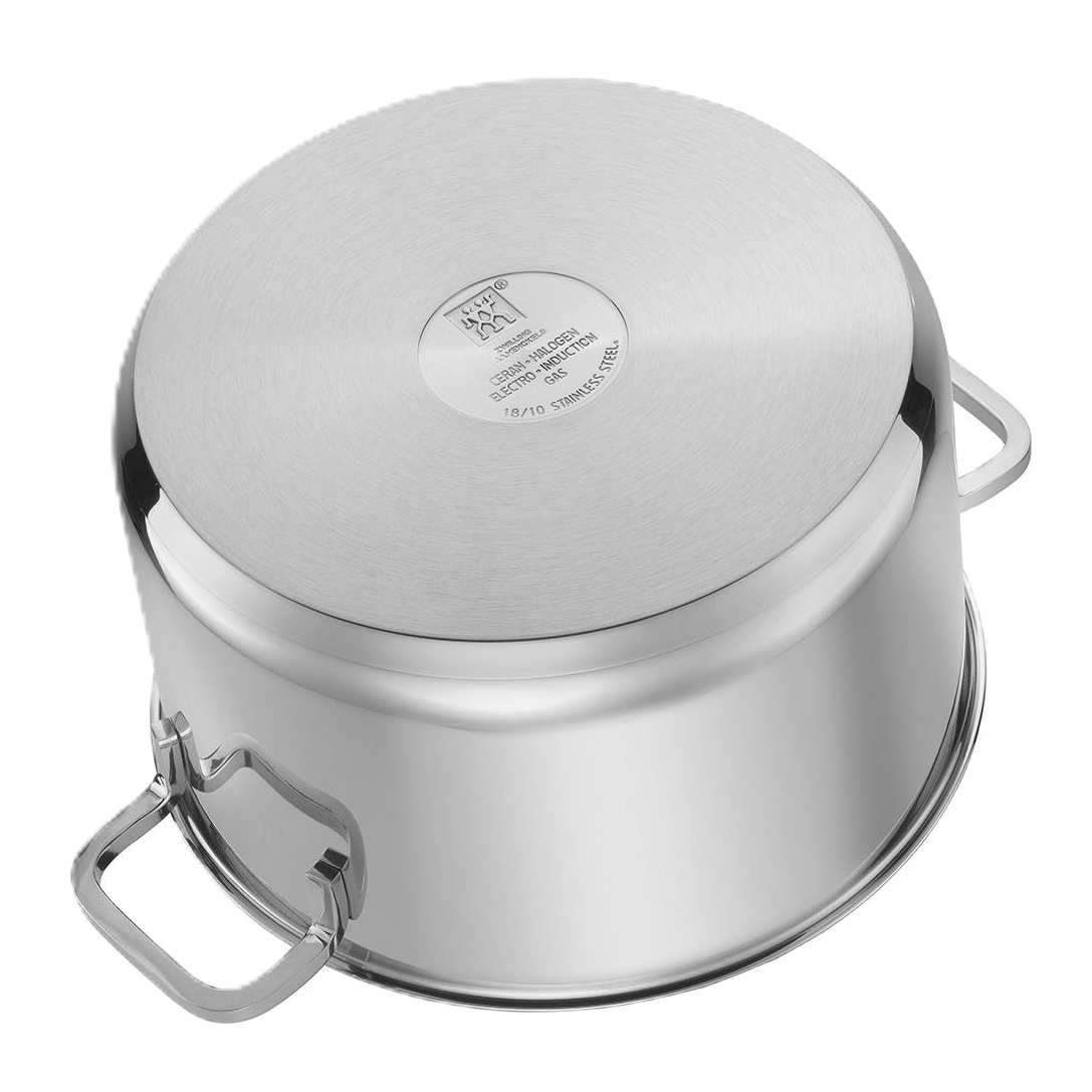 ZWILLING Quadro Pot Set stainless steel pot bottom view with lid, durable 18/10 material.