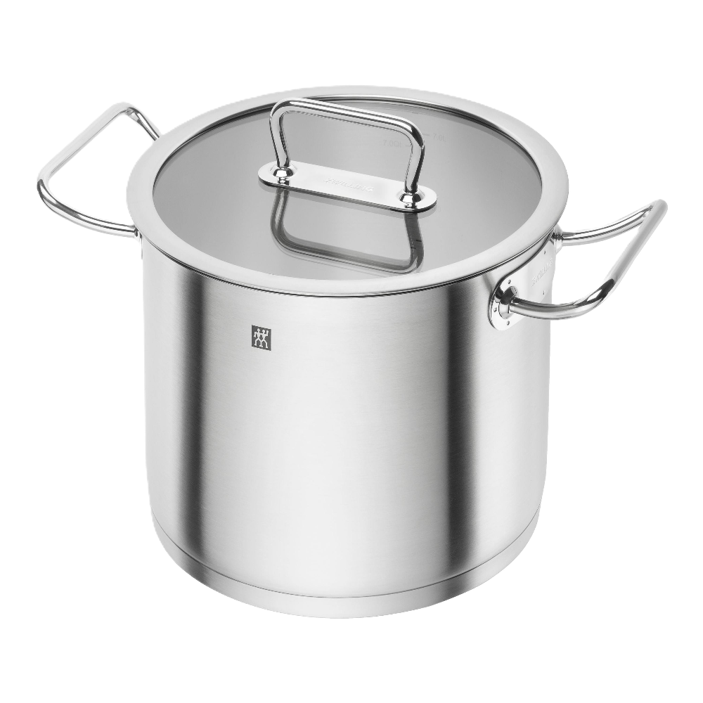 Stainless steel pot with lid on a white background