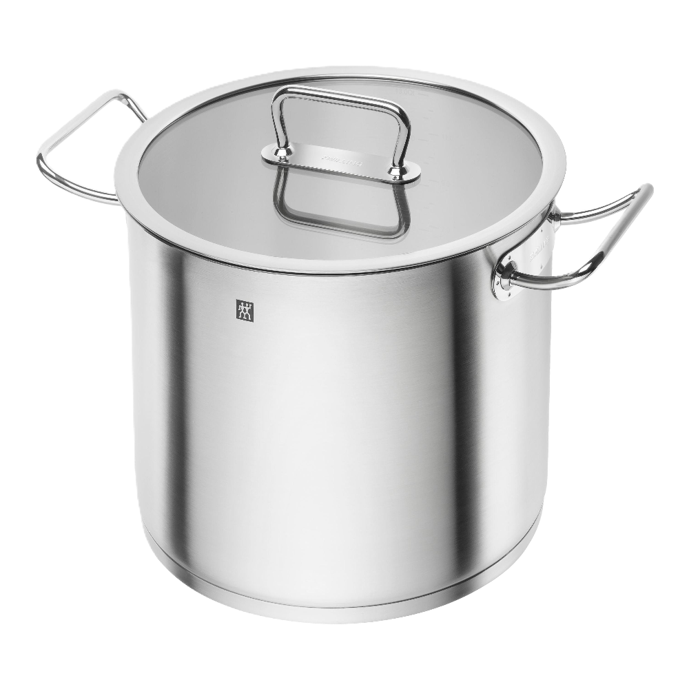 Stainless steel pot with lid on a white background