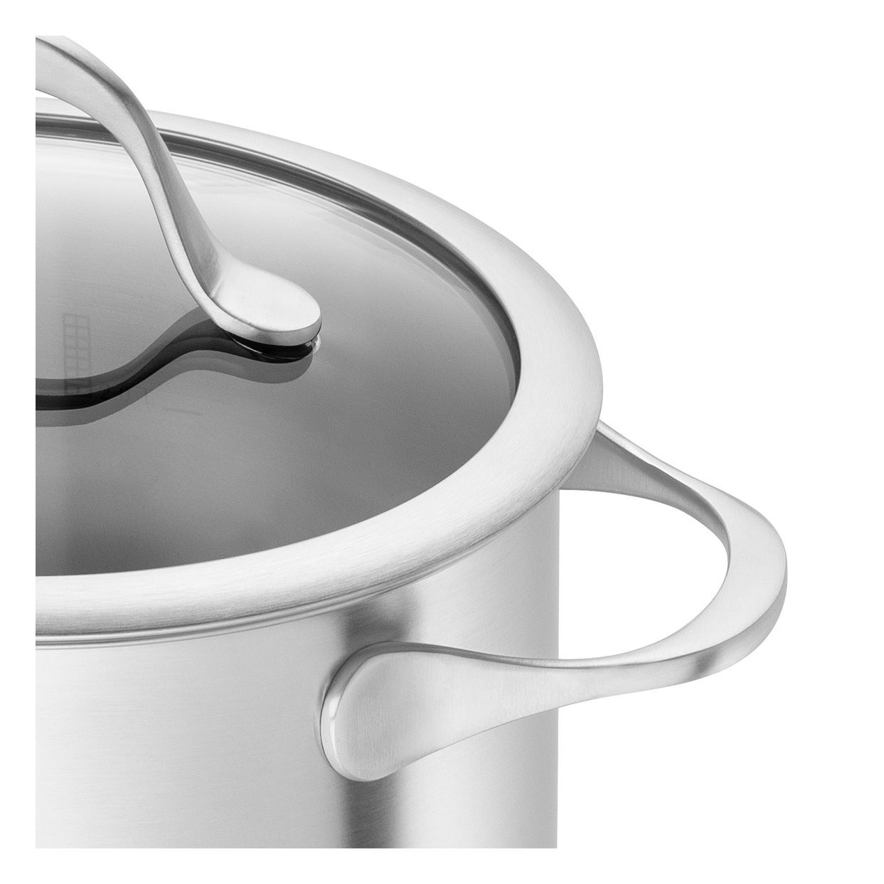 Close-up of a silver pot with lid on a white background