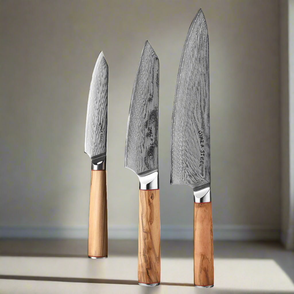 MIA THREE | Essential THREE Piece Chef Knife Set | AUS10 Damascus Steel