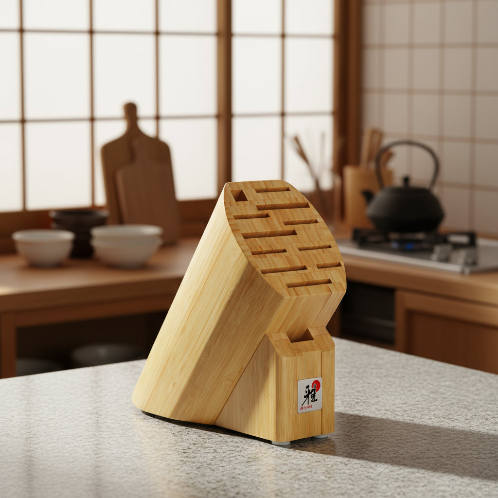 Wooden knife block with multiple slots on a white background