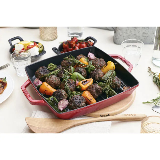 STAUB Grill Pans 28 cm / 11 inch Cast Iron Square Grill Pan, Cherry