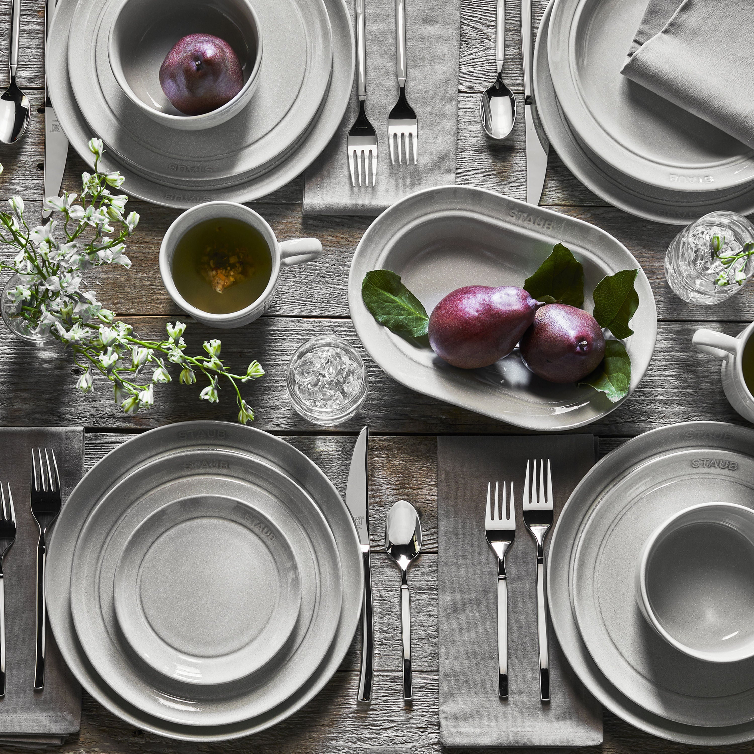 STAUB 12-Piece Stoneware Dinnerware Set – Scratch-Resistant Plates and Bowls - White tuffle