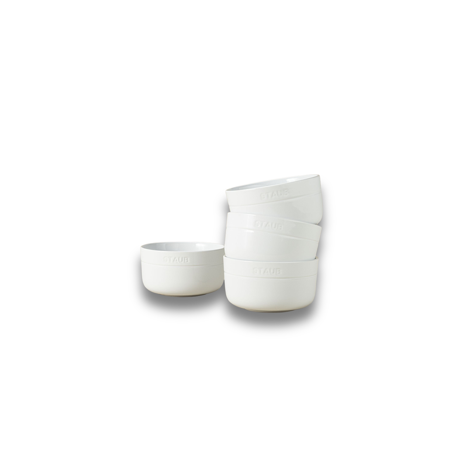 STAUB Dining Line 4 Piece Ceramic Bowl Set, White stacked and ready for serving cereal, soup, or salad.