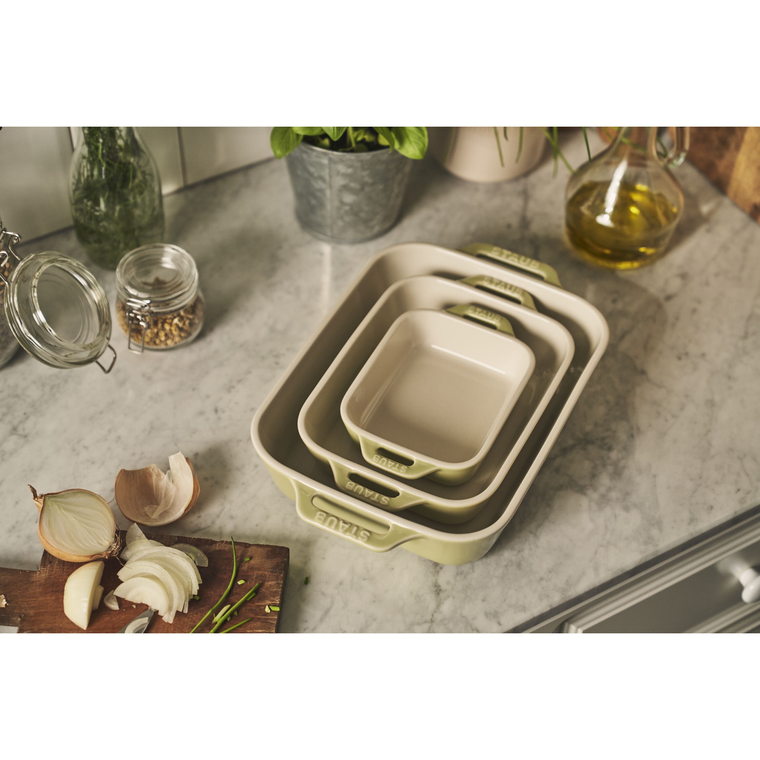 STAUB Ceramique Rectangular Baking Dish Set Macaron Light Green 3 Piece-1