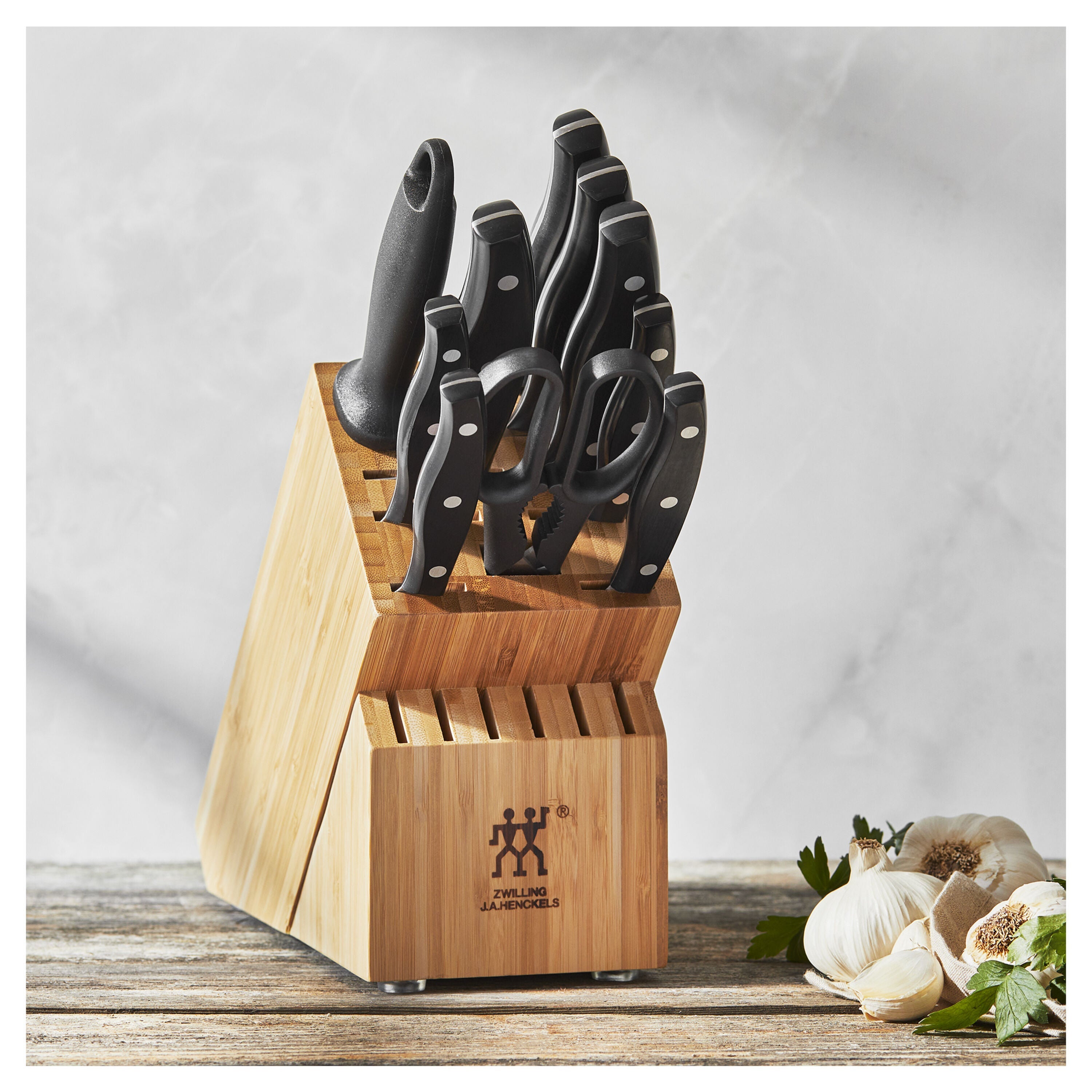 ZWILLING TWIN Signature 11 Piece Knife Block Set in bamboo block with garlic and herbs