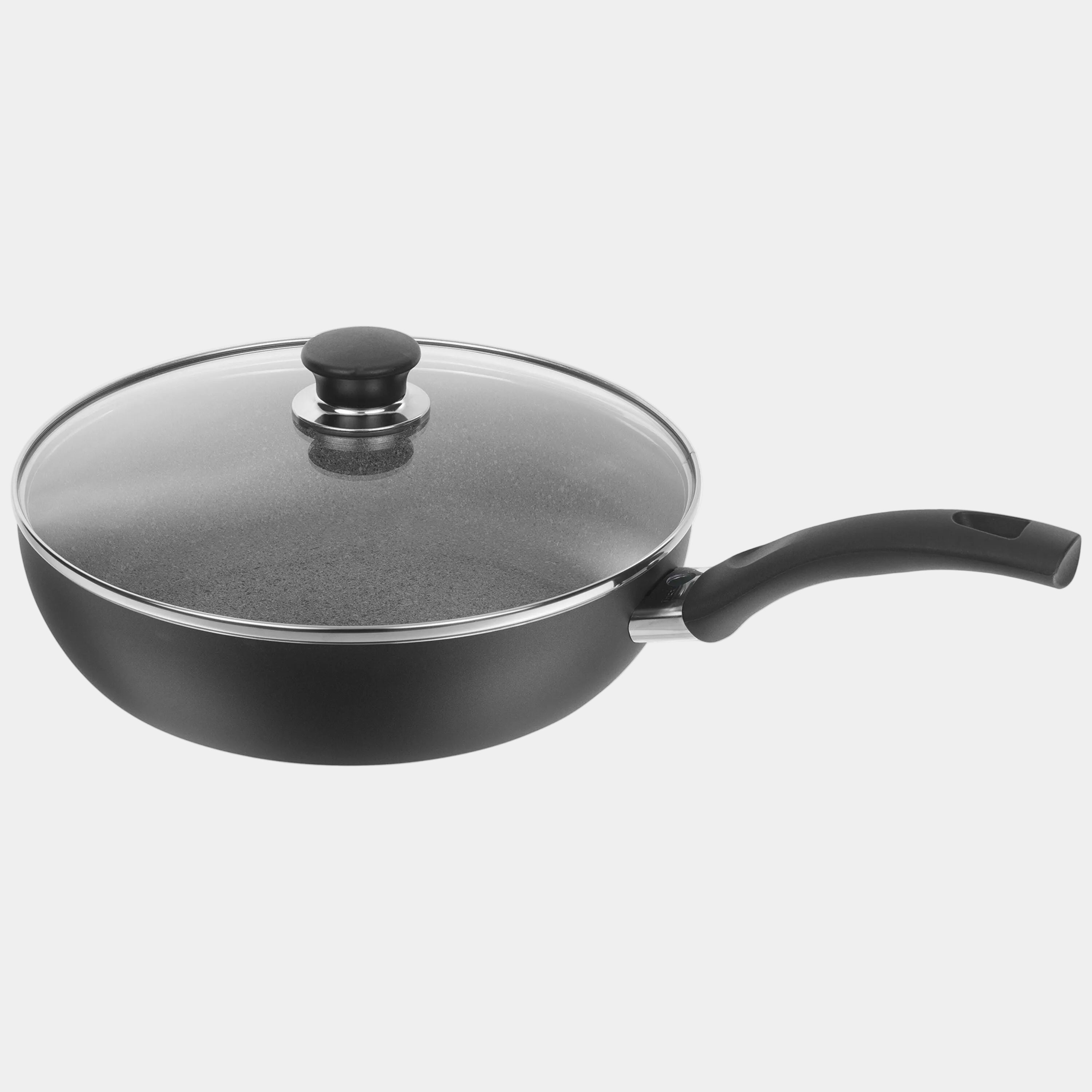 Black frying pan with a lid on a white background