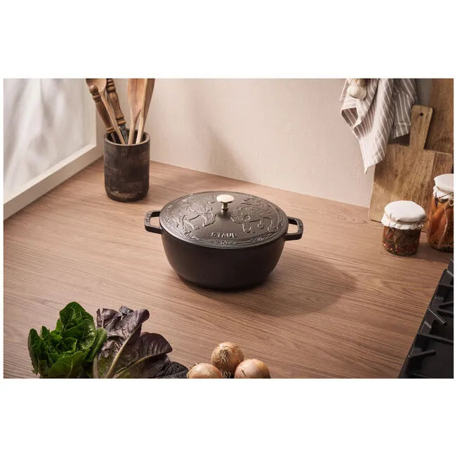 STAUB La Cocotte 4.8 L Cast Iron Round Essential French Oven With Snake Lid, Black