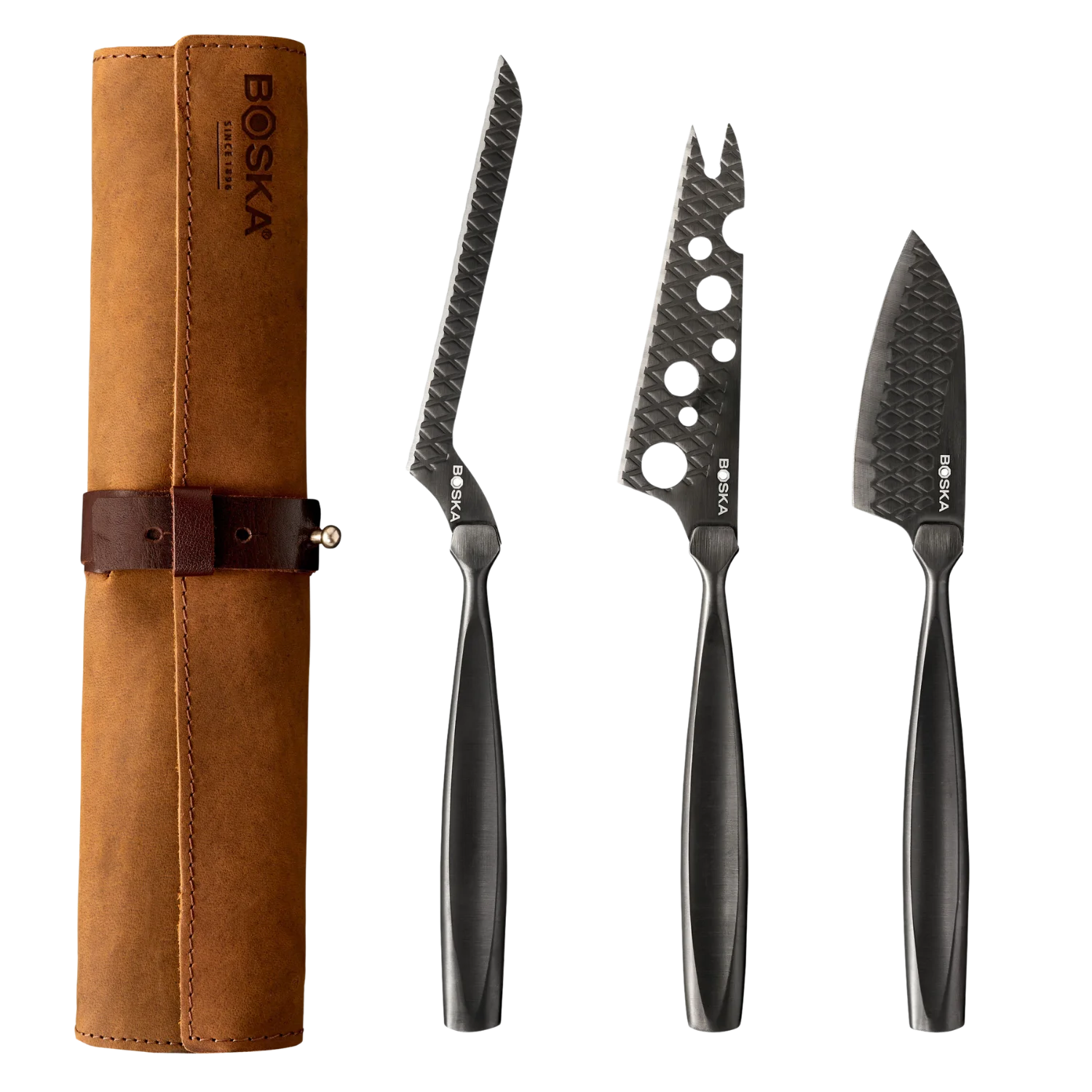 BOSKA Monaco+ Cheese Knife Set — 3-Piece Stainless Steel with Leather Knife Roll