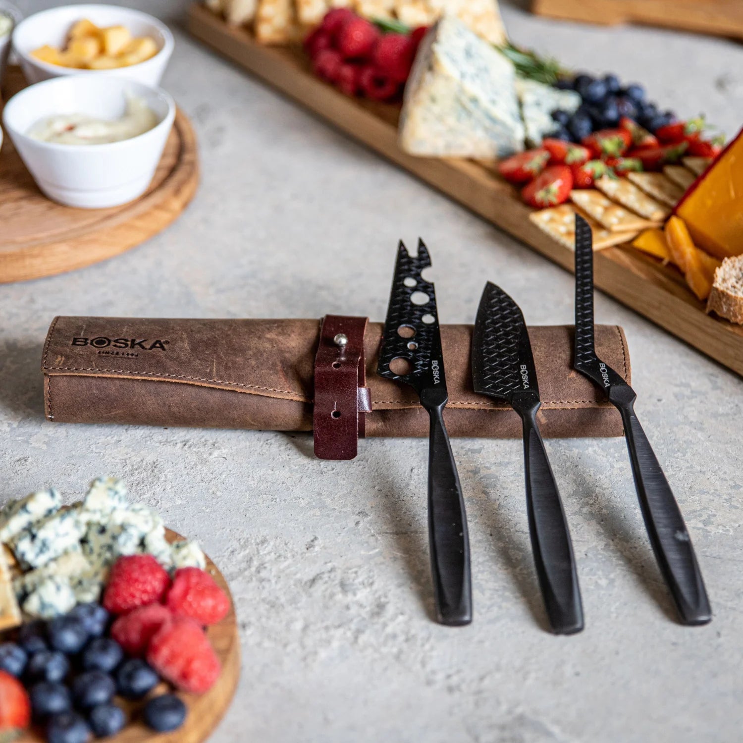 BOSKA Monaco+ Cheese Knife Set — 3-Piece Stainless Steel with Leather Knife Roll