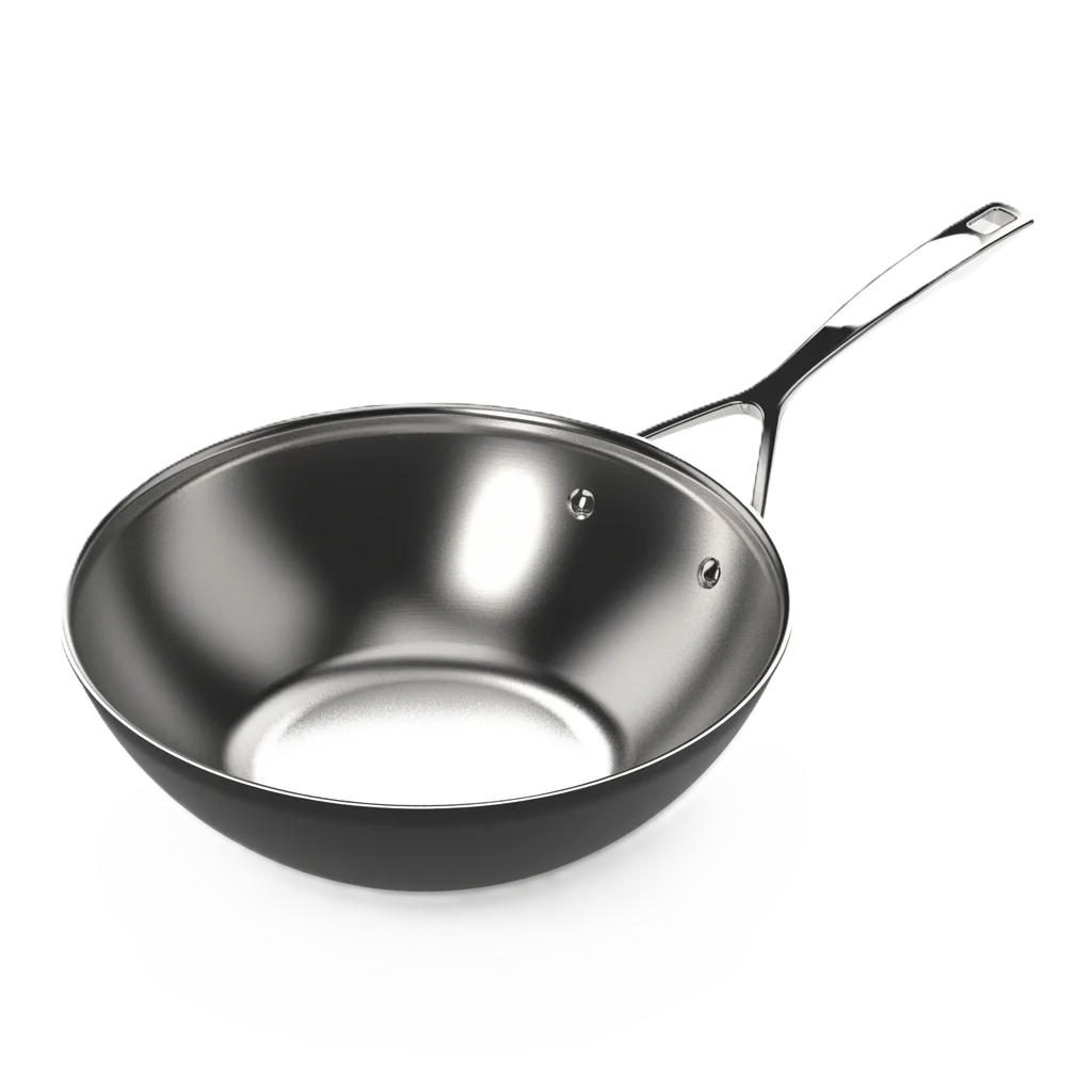 Stainless steel wok on a white background