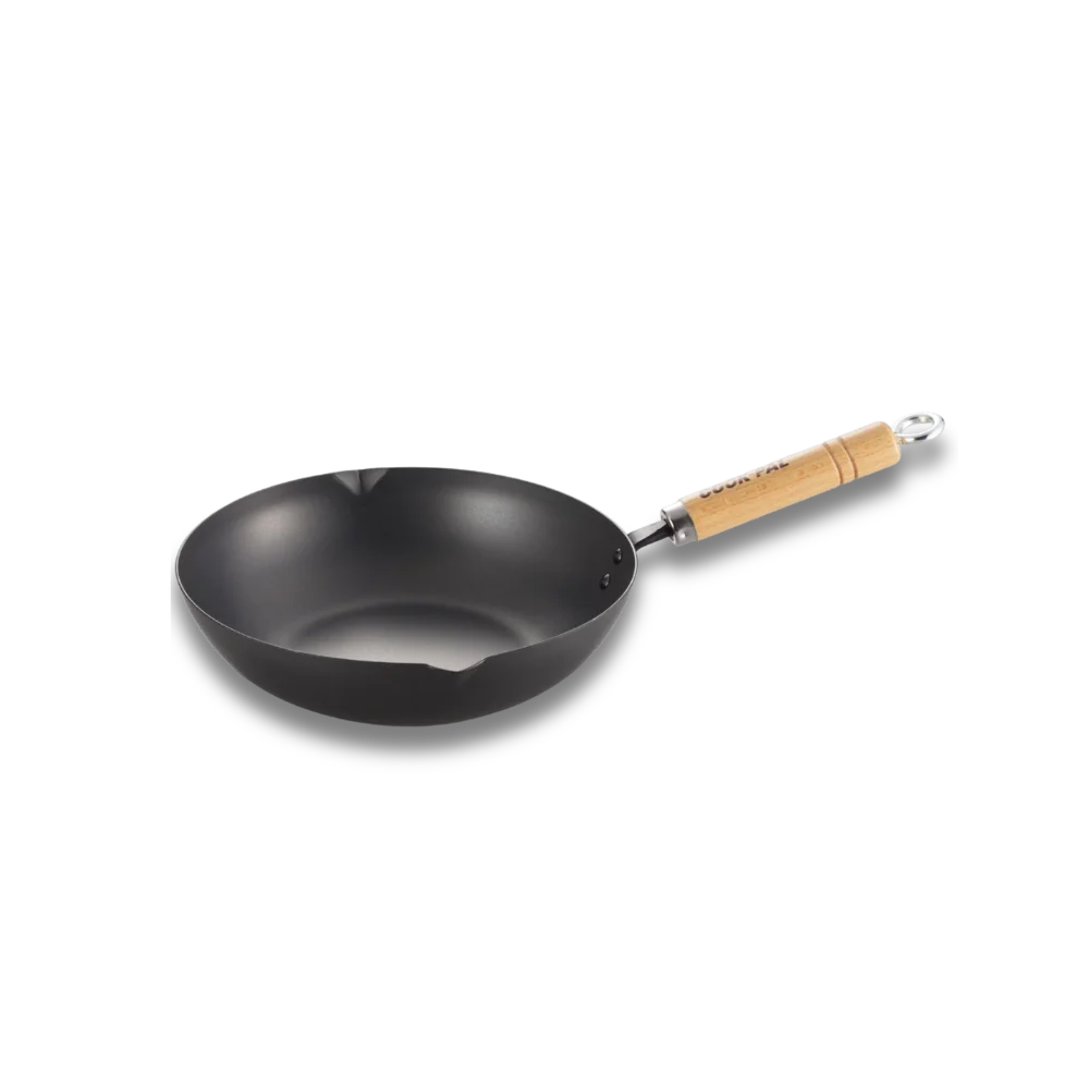 Black wok with a wooden handle on a white background