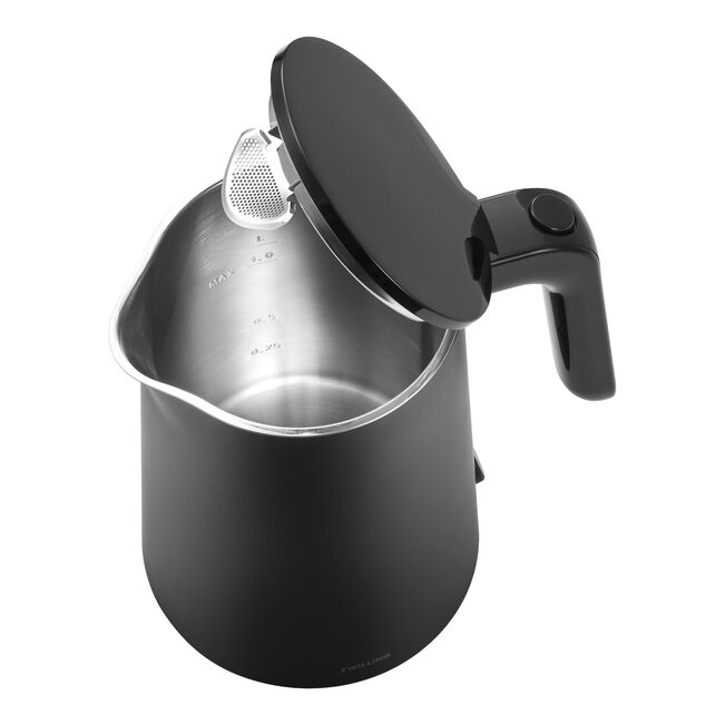 ZWILLING Enfinigy 1L Electric Kettle with open lid, showing stainless steel interior and dual-wall insulation.