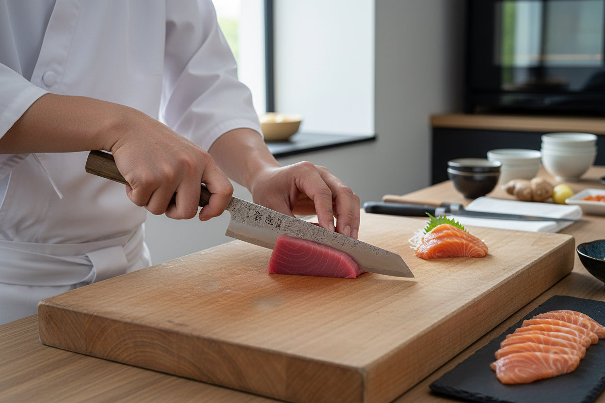 Chef slicing tuna with Ginrei Silver 3 Nashiji Kiritsuke Gyuto 205mm Knife featuring olive wood handle in a modern kitchen setting.