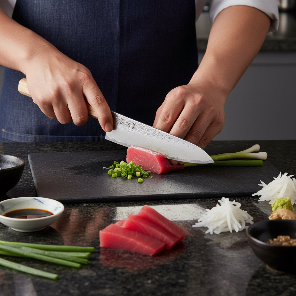 Chef using Hatsukokoro Ginrei Silver 3 Nashiji Gyuto 210mm knife to slice scallions and sashimi on a black cutting board.