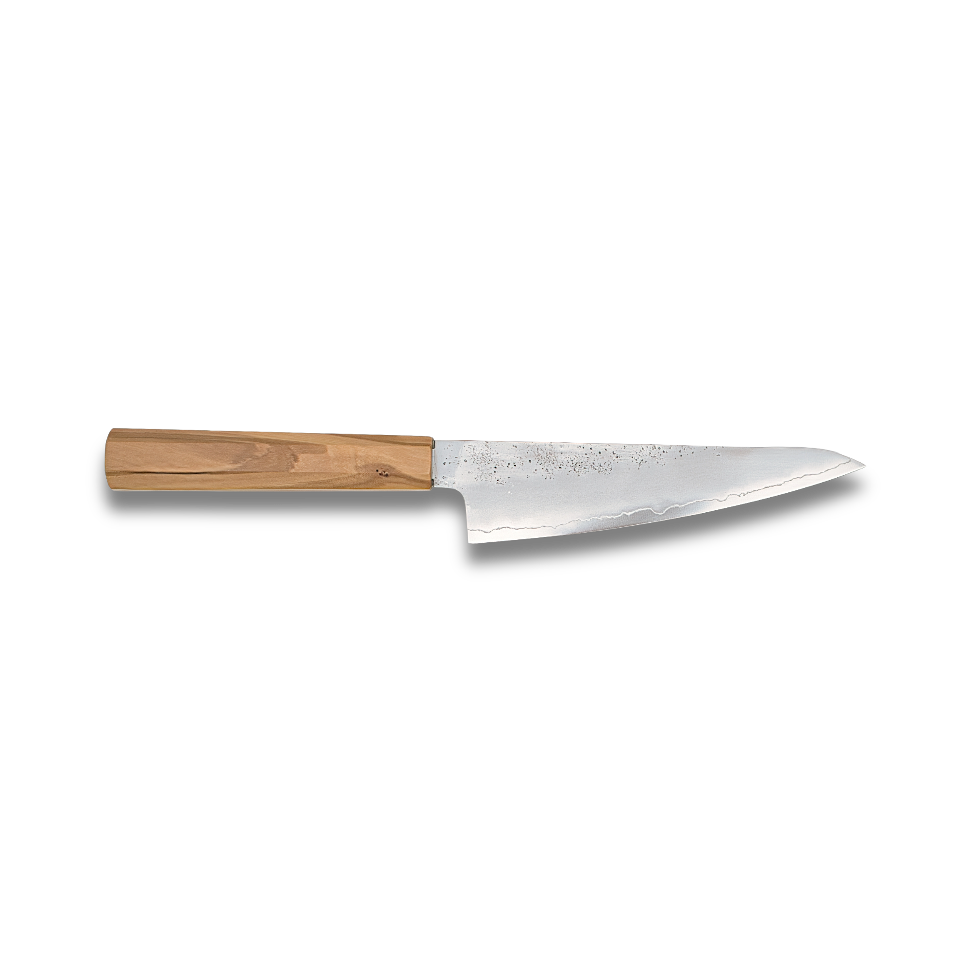 Ginrei Silver 3 Nashiji Kudamono Knife 150mm with olive wood handle displayed against a plain background.