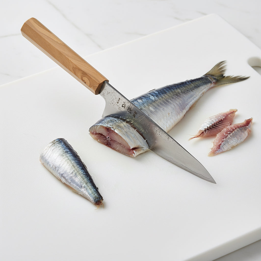 Ginrei Silver 3 Nashiji Kudamono Knife 150mm with olive wood handle cutting fish on a white chopping board.