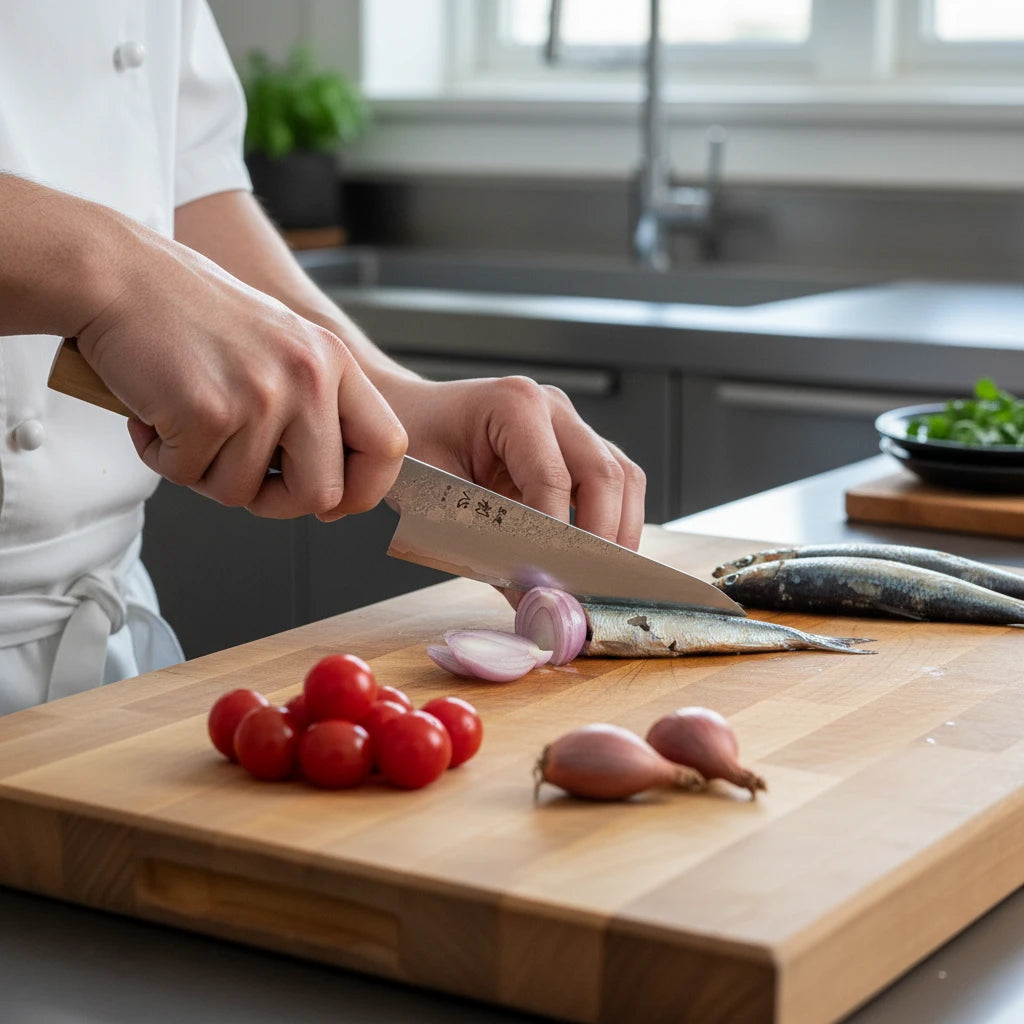 Cooking with the Ginrei Silver 3 Nashiji Kudamono Knife, slicing vegetables and fish on a wooden cutting board.
