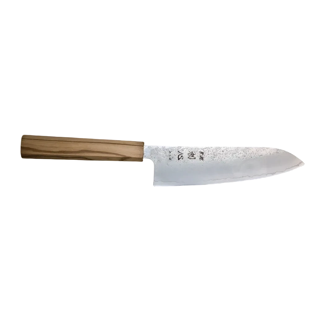 Ginrie Silver 3 3-Layer Nashiji Santoku 170mm with olive wood handle, featuring a sharp, durable blade and elegant craftsmanship.