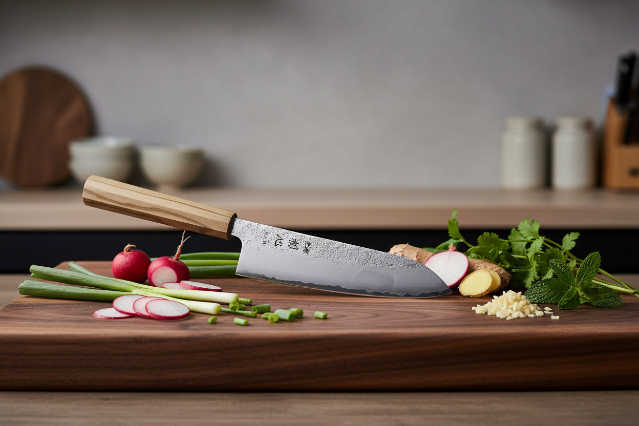 Ginrie Silver 3 3-Layer Nashiji Santoku knife with olive wood handle, displayed on a wooden cutting board with fresh vegetables.