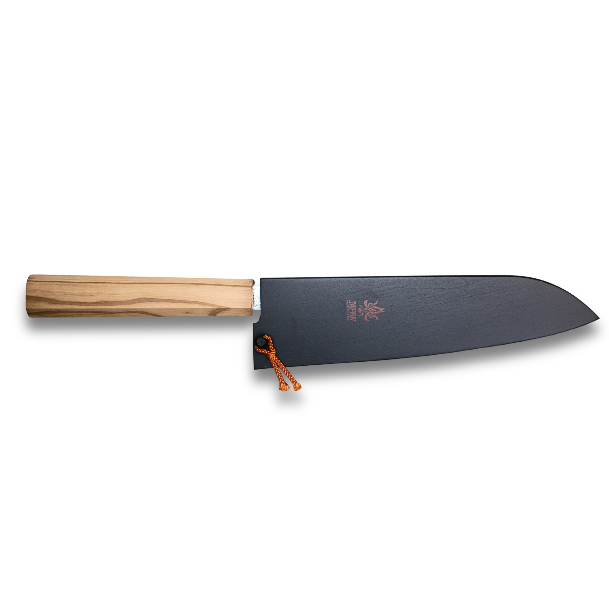 Silver 3 Nashiji Santoku Knife 170mm with olive wood handle and Japanese Saya, premium kitchen knife for slicing and dicing.