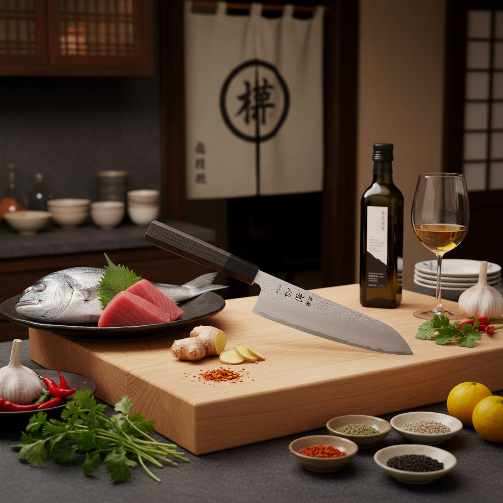 Silver 3 Nashiji Santoku Knife 170mm with Wenge Handle on kitchen counter with ingredients