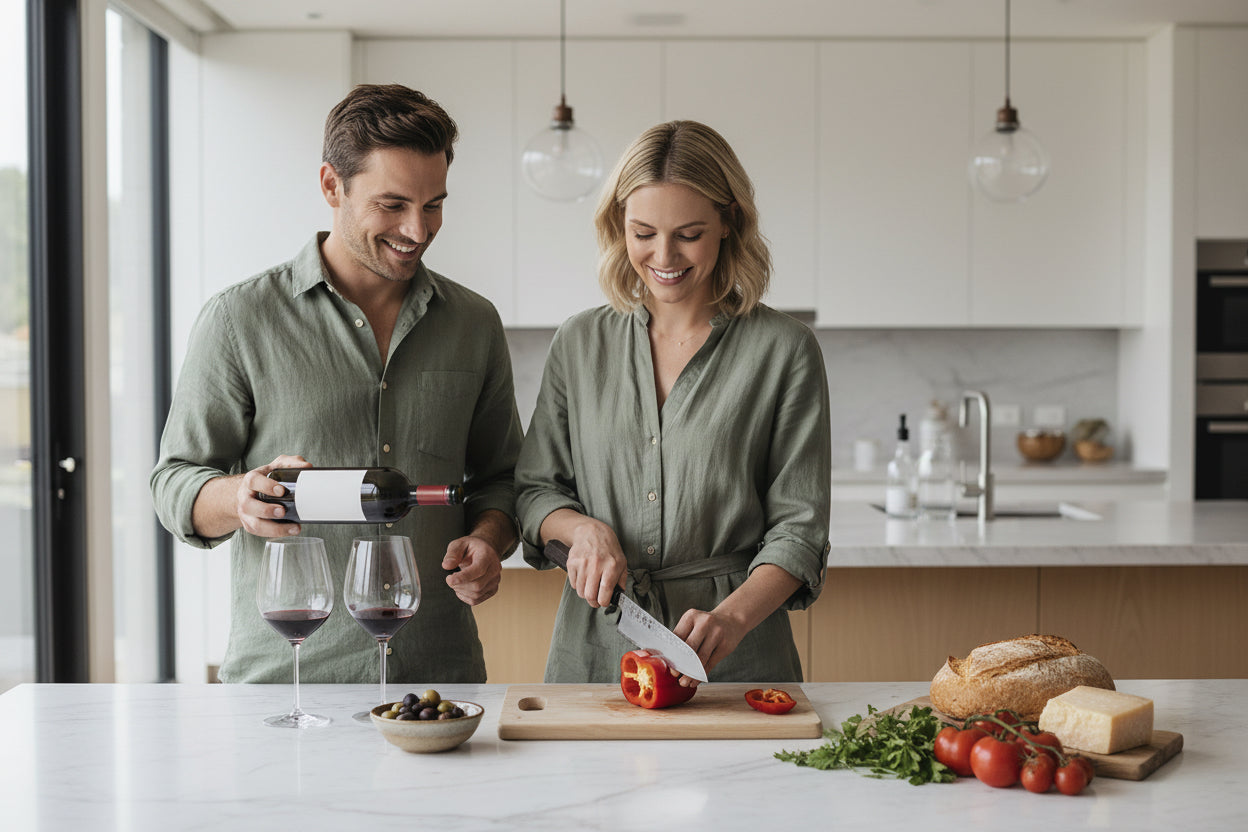 Sleek kitchen knife with a black handle on a white background