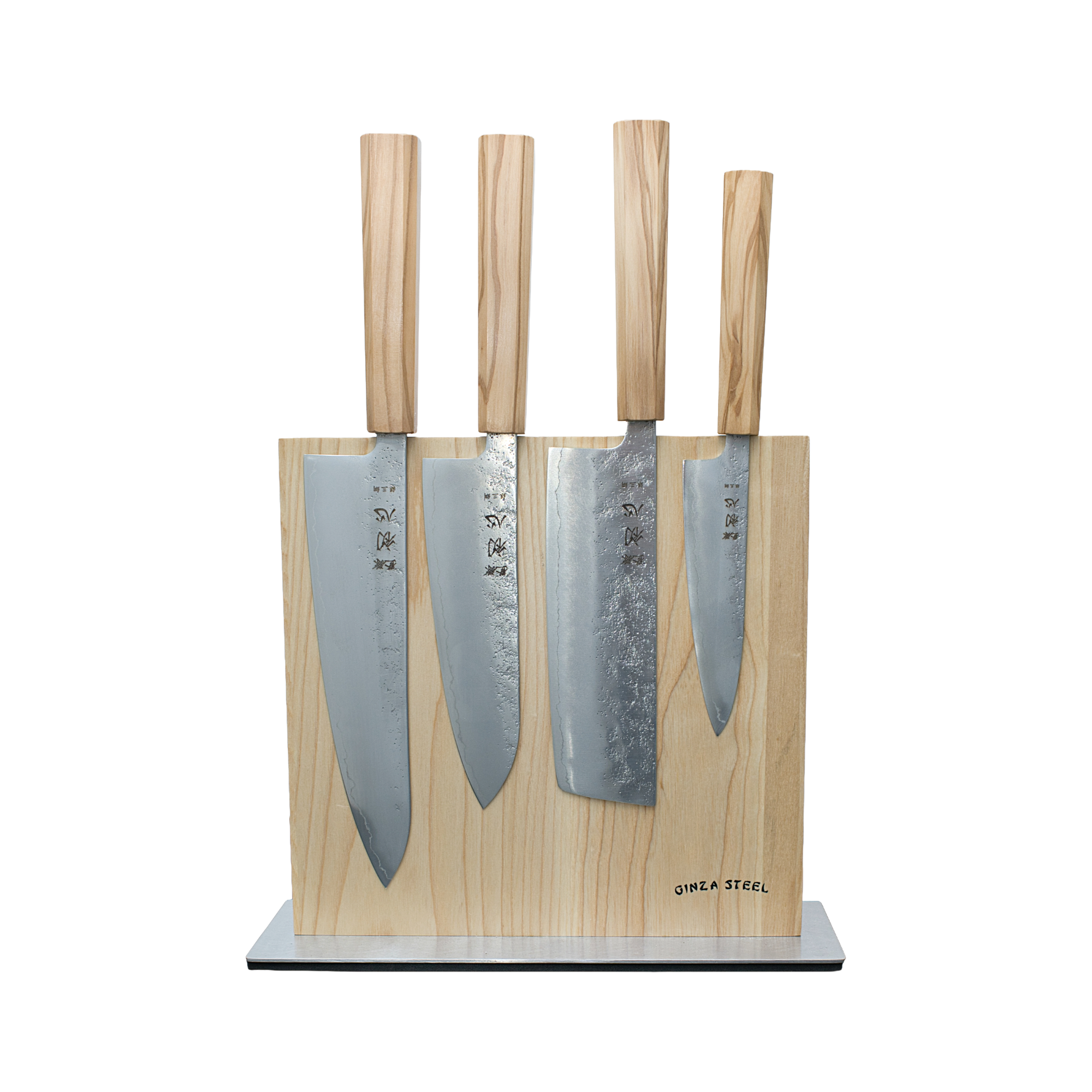 Hatsukokoro Ginrei Silver 3 Nashiji 5-piece knife set with magnetic block and olive wood handle.