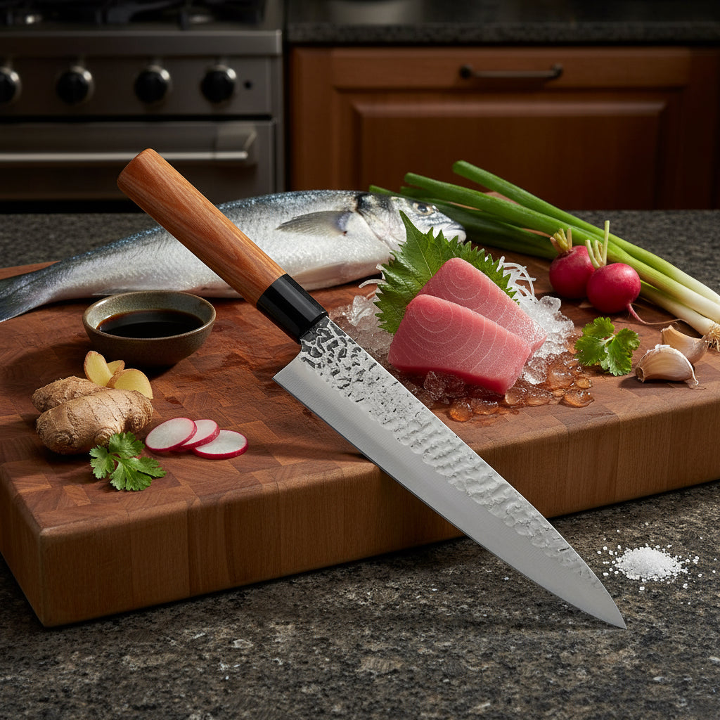 Sashimi preparation with a knife on a wooden cutting board in a kitchen setting