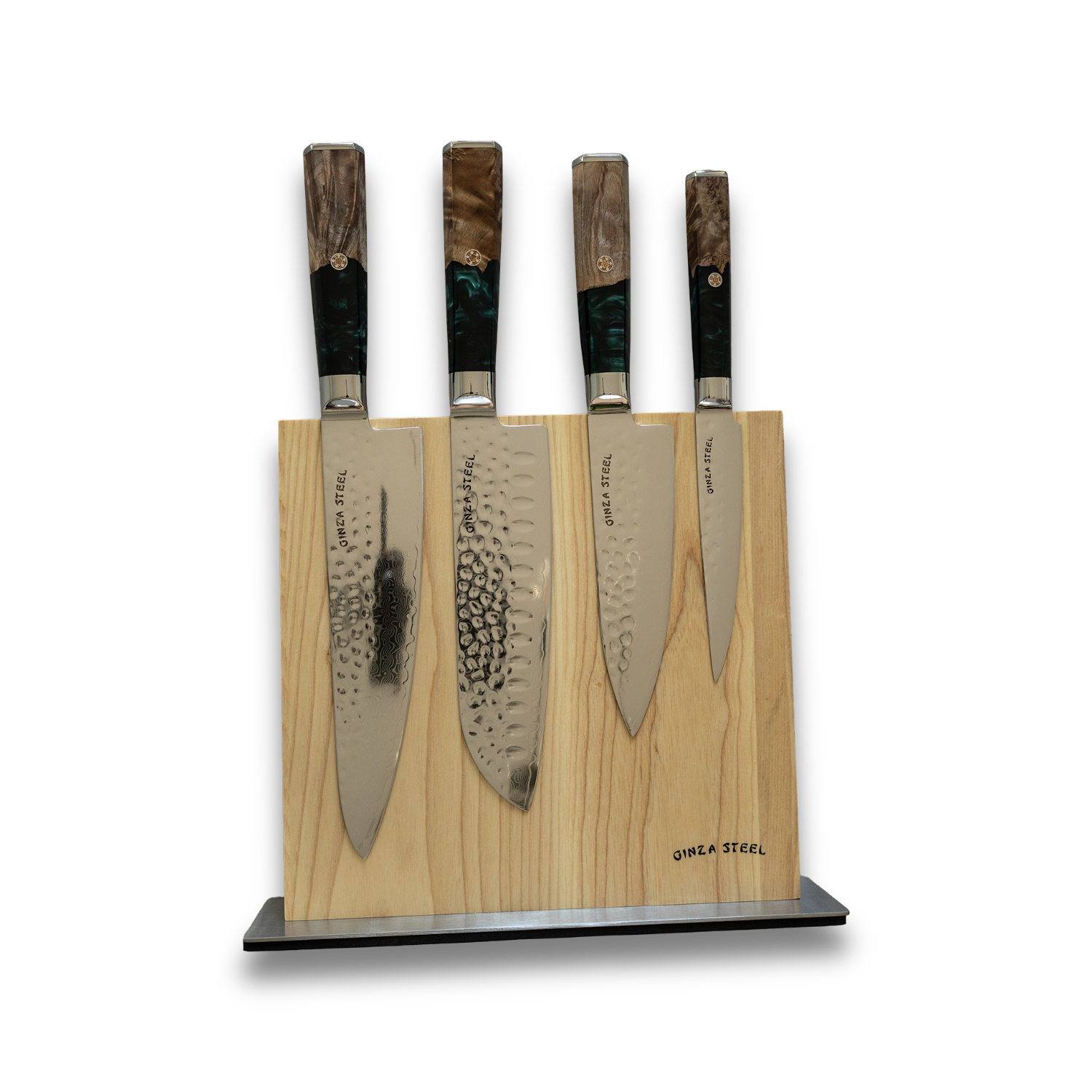Ginza Steel Kaze Katana 4-Piece Knife Set with Magnetic Block – VG10 Damascus displayed on a wooden knife block.