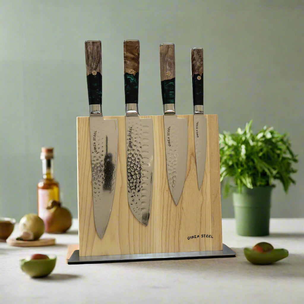 Ginza Steel Kaze Katana 4-Piece Knife Set with Magnetic Block – VG10 Damascus displayed on a wooden block.