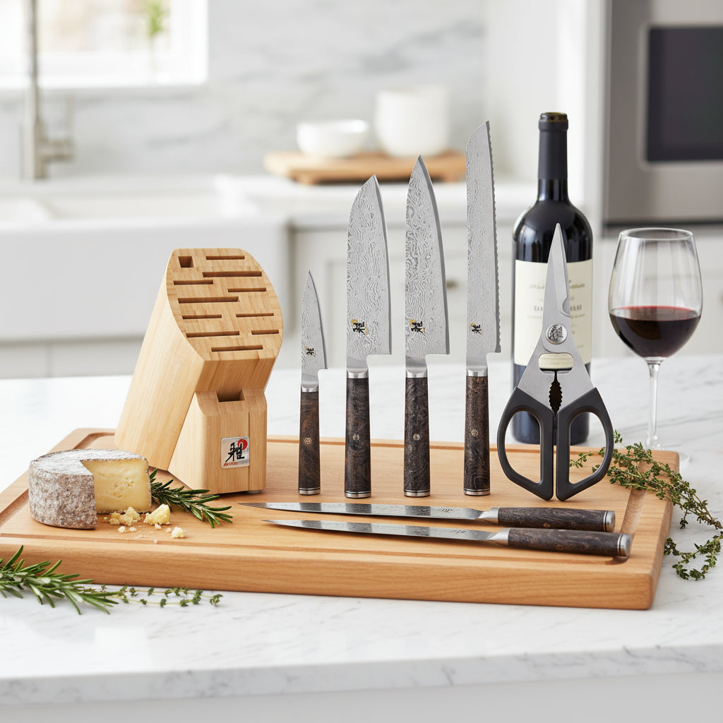 Set of knives and a sheath on a white background