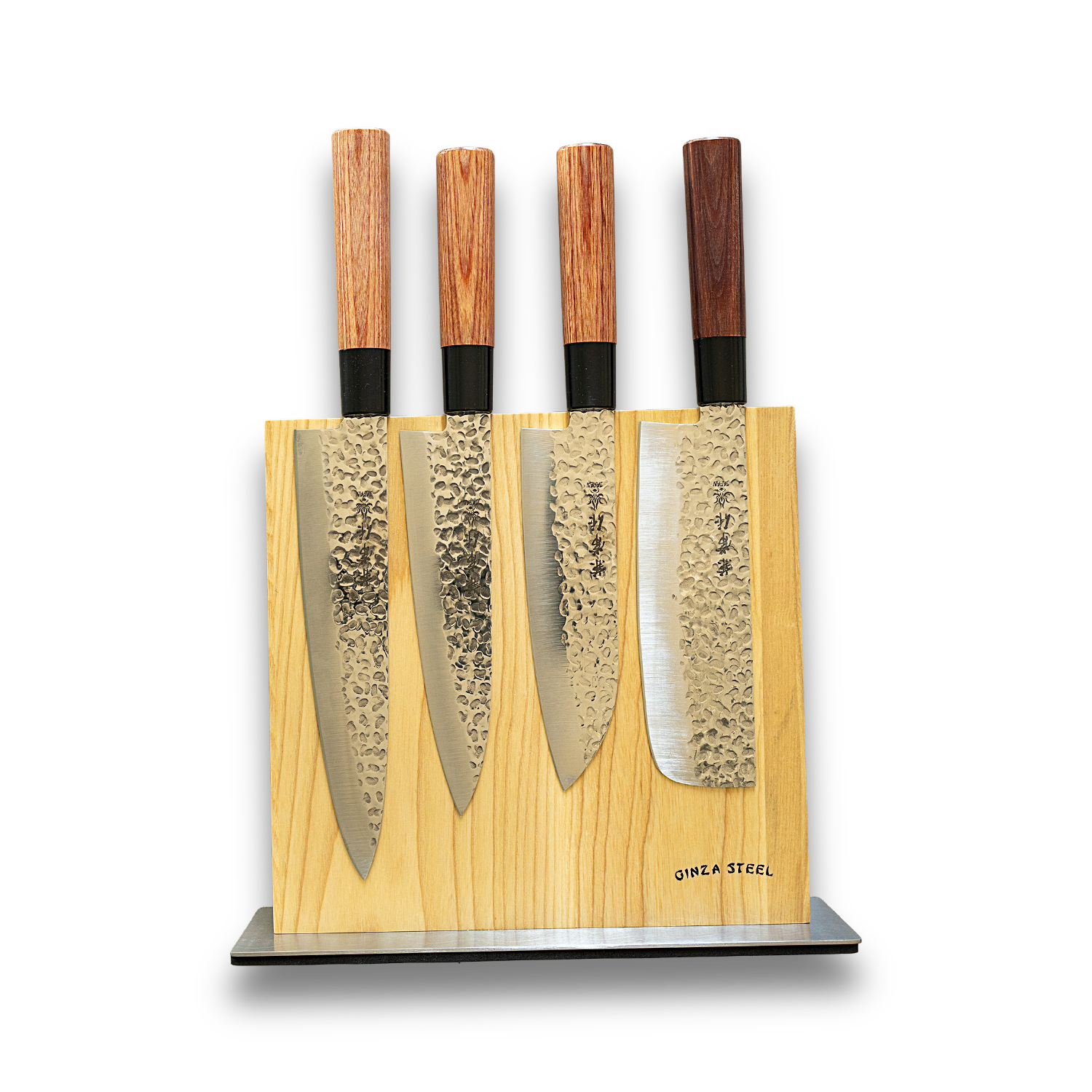 Kanetsune Japan 5-Piece Knife Set with Magnetic Block – Chef, Santoku & Nakiri displayed in a wooden block.