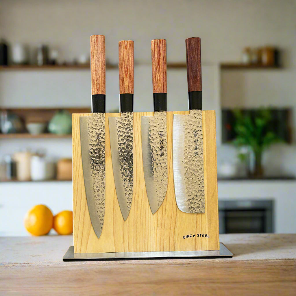 Kanetsune Japan 5-Piece Knife Set with Magnetic Block – Chef, Santoku & Nakiri displayed in elegant wooden block.