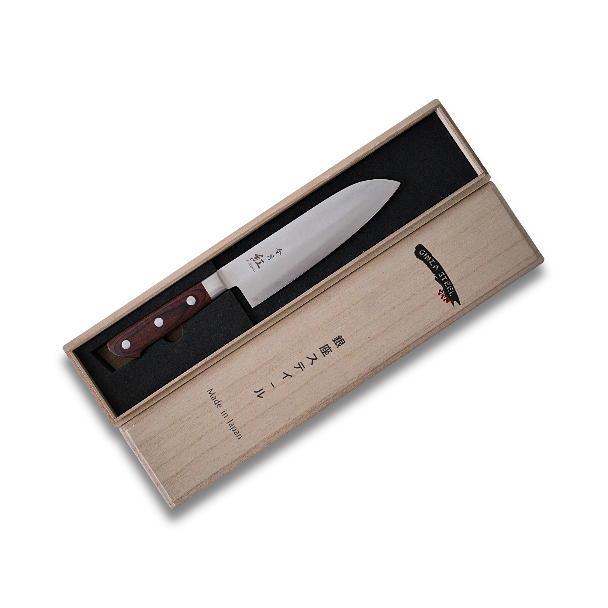 Ginza Steel Kurenai Santoku Knife 170mm in wooden gift box with mahogany handle and Japanese inscription