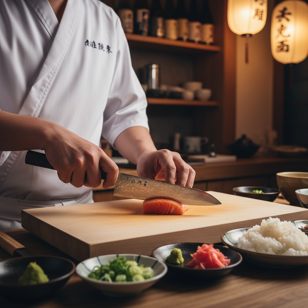 Man choping Meat with Ryuhyo SG2 Damascus Migaki Gyuto 210mm – Wenge Wood Handle