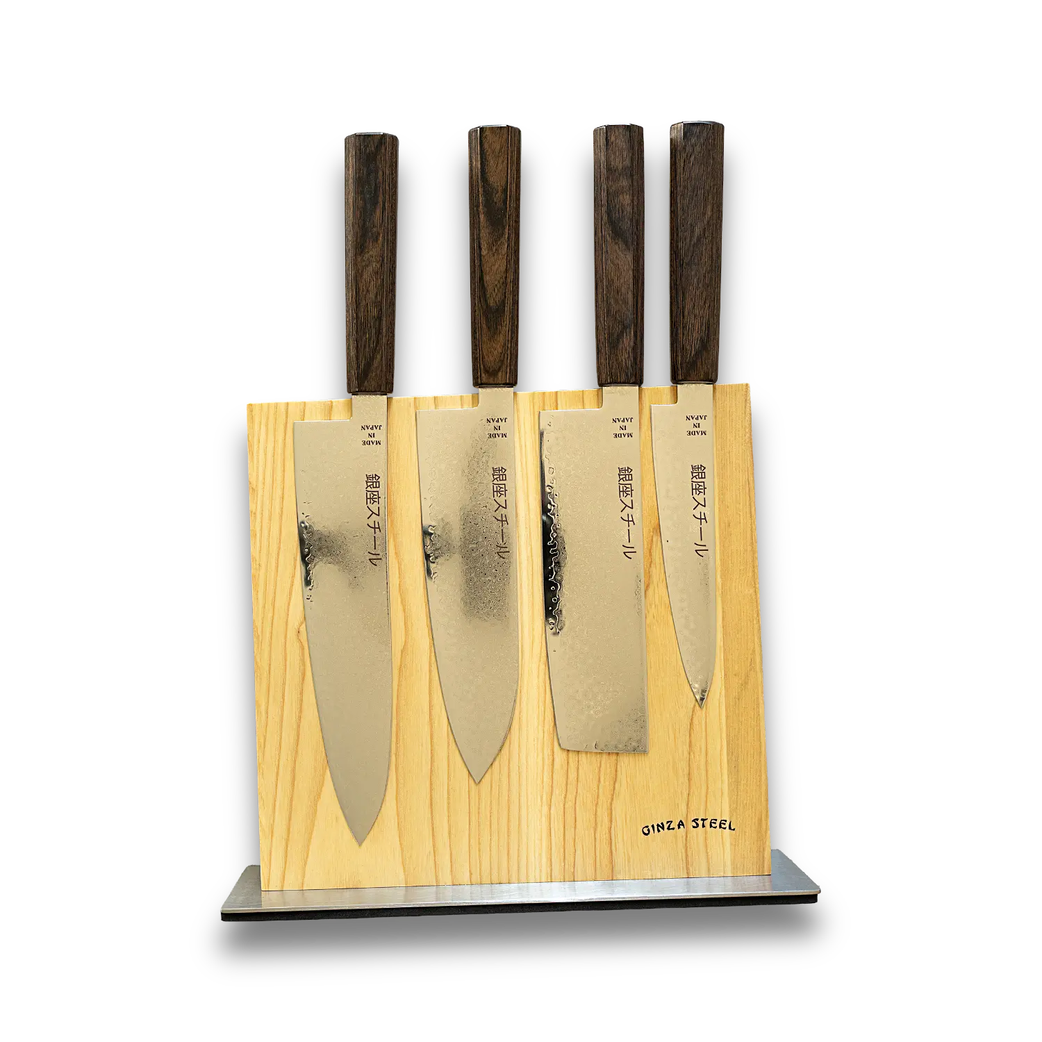 Ginza Steel SEIRYŪ (青龍) FIVE PRO 5-Piece Knife Set with Magnetic Block displayed on a wooden stand.